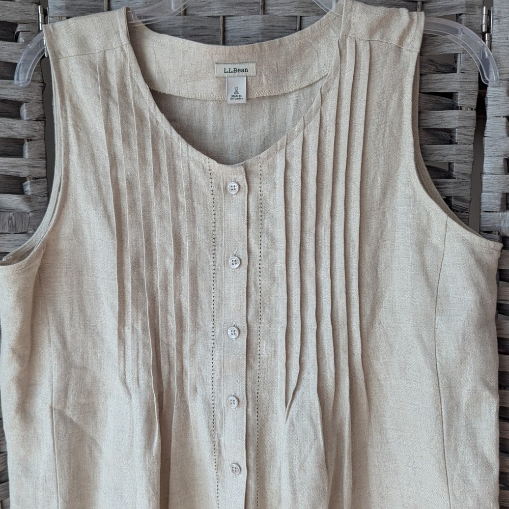LL Bean Shift Dress Beige Pintuck Button Front Linen Sz 12 Lagenlook Minimalist - Picture 2 of 7